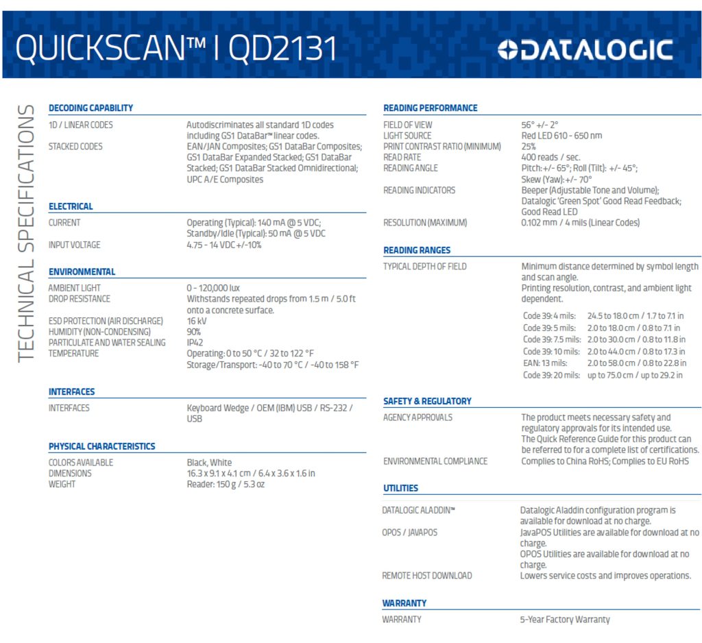 Datalogic QuickScan QD2131 Handheld Barcode Scanner Best AutoID